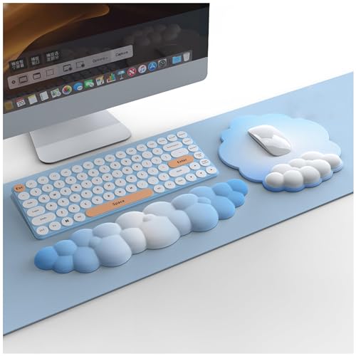 2 Piece Gradient Color Cloud Keyboard Wrist Rest and Mouse Wrist Rest Set Cloud Wrist Rest,Wrist Rest for Computer Keyboard Cute Desk Accessories for Computer/Laptop/Gaming (Sky Blue Gradient)
