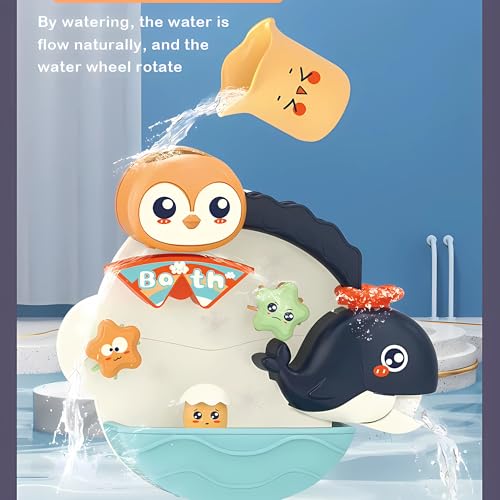 Twisoo Animal Bath Toy Set for Babies – Penguin Waterfall Bathtub Toys with Spinners & Sea Animals, Wall Water Shower Toy for Toddlers, Fun Bath Time Play, 3M+ (Blue)