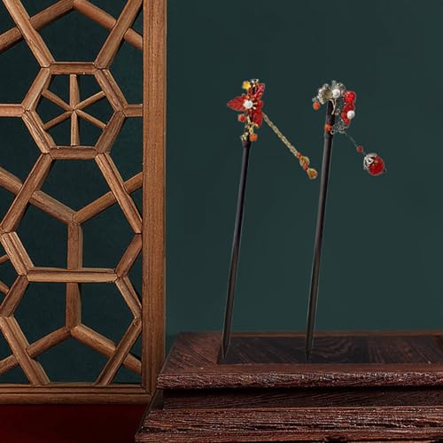 EWEIS 4PCS Set of Vintage Hairpins, Chinese Handmade Wooden Hairpins Japanese Red Hairpins Classic Geisha Hair Accessories with Tassels, for Costume Weddings for Women Girls??ength 18cm/7inch