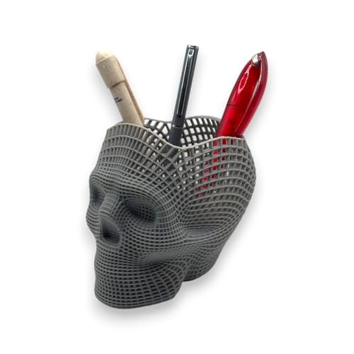 3Doz Skull Grid Pencil Holder, Desk Organiser, Pen Pencil Holder Caddy for Desk, 3D Printed with Nature Friendly Vegan Material, Grey