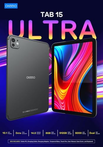O'teeto Tab 15 Ultra Tablet, 10.1-inch Display, 8GB RAM, 512GB Storage, 6000mAh Battery, Android 14.0, Dual SIM