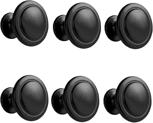Kalolary Black Cabinet Knobs, 6 Pack 1-1/4 inch Kitchen Drawer Knobs Round Single Hole Cabinet Hardware for Dresser Drawer Cabinet