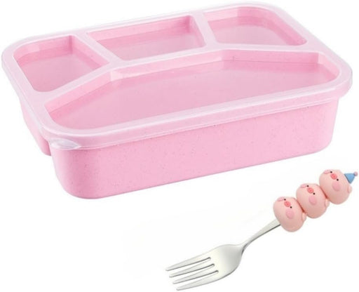 Snack Container, 950ml Wheat Straw Bento Box for Kids and Adults, Reusable 4 Compartments Meal Prep Container Lunchable Container with Fork for School Work Travel (Pink) - Pink