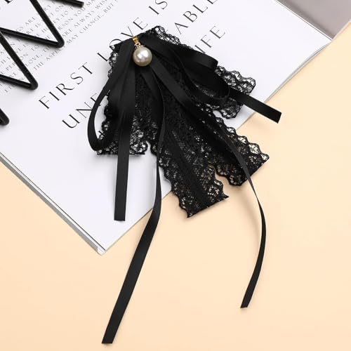 Azonee Black lace Bow Tie Brooches, Pearl Bow Brooch, for Girl Women Fashion jabot collar brooch pins Pre-Tied Neck Tie Shirt Corsage Neck Tie