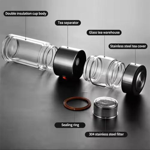 Glass Tea Infuser Bottle â€“ Double Wall Borosilicate Glass Mug with Stainless Steel Strainer â€“ Leakproof Portable Tea Bottle for Loose Leaf Tea, Fruit Infusion, Hot or Cold Drinks â€“ 400ML