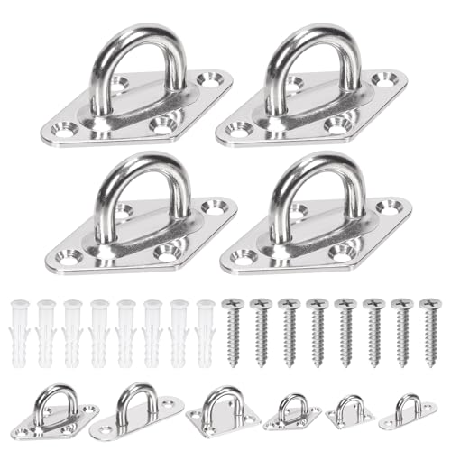 Glarks 36pcs M5 Stainless Steel Pad Eye Plate Hook Kit, Diamond Eye Plate U Hooks Heavy Duty Ceiling Hooks and Carabiner Clips Snap Hook for Ceiling and Mounting Hanging Hardware