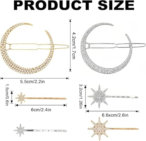 Rhinestone Hair Accessories Set, 6 Pieces Moon and Stars Hair Clips, Alloy Diamond-studded Hair Accessories for Women Girls (Gold+Silver)