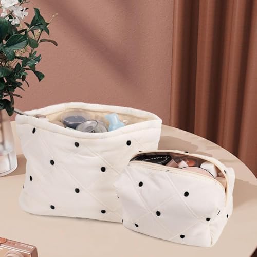 Quilted Cotton Makeup Pouch, Coquette Quilted Toiletry Bag for Women and Girls, Floral Coquette Organizer Bag, Aesthetic Travel Cosmetic Bags (White Shells Drawstring)