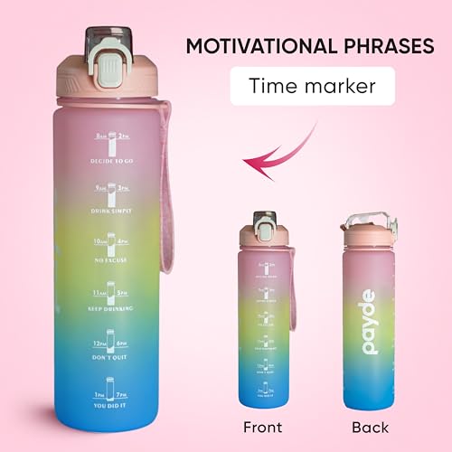 PAYDE Water Bottle 1 Litre/32 oz with Time Marker Motivational Water Bottle Leak-proof Water Bottle for kids Adults For Sports Travel Gym and Everyday Use (Pink Green Blue)