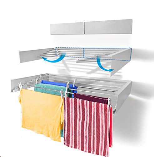 Step Up Laundry Drying Rack, Wall Mounted, Retractable Clothes Drying Rack, 60lbs Capacity, 20 Linear Ft, with Wall Template and Long Screwdriver Bit (40" White)