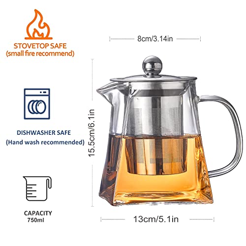 TAPIT Glass Tea Pot, Borosilicate Glass Tea Kettle for Loose Leaf Tea, Transparent Teapot with Stainless Steel Removable Infuser, Microwavable, Dishwasher and Stovetop Safe (750ml-Square)