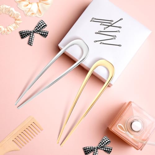 PEUTIER 2pcs Metal French Hair Pins for Thick Hair, U-Shaped Stick Hair Pins Metal French Twist Hair Pin Fork for Women Girls Hair Types Styling Hair Accessories (1 Gold & 1 Silver)