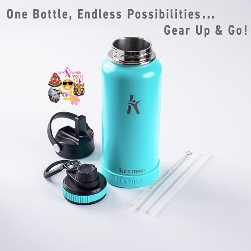 KRYMSO, 950ml Stainless Steel Water Bottle, Sports Bottle with Straw, Insulated Water Bottle, Thermos Flask, Hot Water Bottle for kids, Gym (Turquoise, 950ml / 32oz)