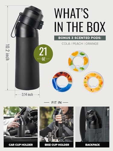 New Stainless steel Air Water Bottle,Air Up Water Bottle, Fruit Flavoured Water Bottle with 3 Flavour Pods – BPA Free, 0 Sugar 0 Calorie for Kids, Gym And Outdoor Activities,3Pods (Black)