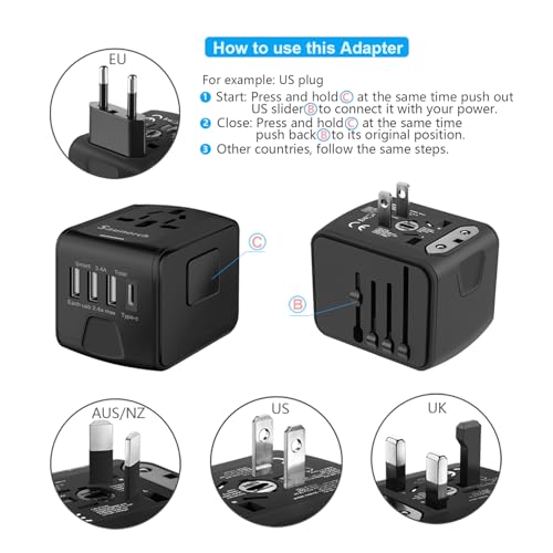 SAUNORCH Universal International Travel Power Adapter W/High Speed 2.4A USB-A, 3.0A USB-C Wall Charger, European Adapter, Worldwide AC Outlet Plugs Adapters for Europe, UK, US, AU, Asia-Black