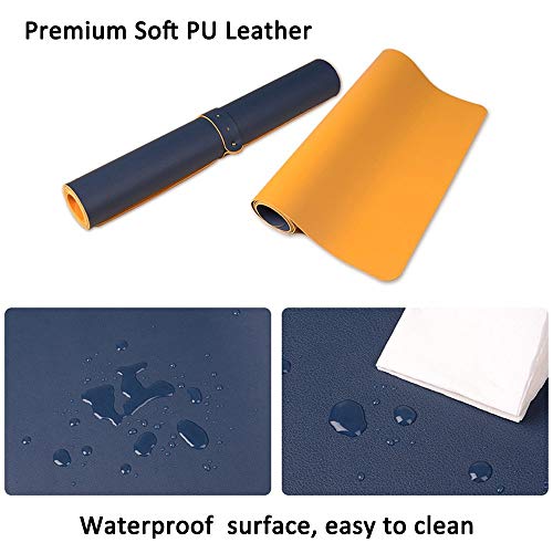 Bonshine Large Desk Pad, Non-Slip Pu Leather Desk Mouse Pad Waterproof Desk Pad Protector, Dual-Side Use Desk Writing Mat For Office Home, 80Cm X 40Cm, Navy Blue&Yellow