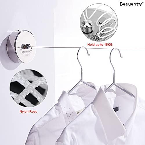 Beauenty Retractable Clothesline 304 Stainless Steel, Wall Mounted Clothes Dryer, Round and No Punching, Polished Chrome Finish, Heavy Duty Adjustable Nylon Rope (2.8M)
