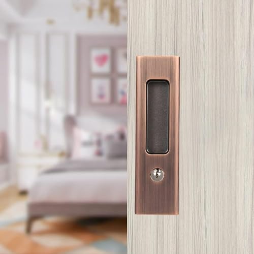 youthua 6.3â€ Privacy Pocket Door Lock Hardware,Invisible Sliding Door Lock with Keys,Recessed Handle Latch, Double Barn Door Lock, Invisible Furniture Hardware (Red Copper)