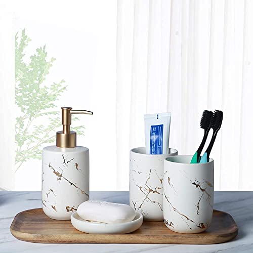 Bathroom Accessories Set, 4 Pcs Complete Marble Bathroom Accessory Modern Decoration Counter-top Organizer Toothbrush Holder Lotion Dispenser Soap Dish Tumbler. (White)