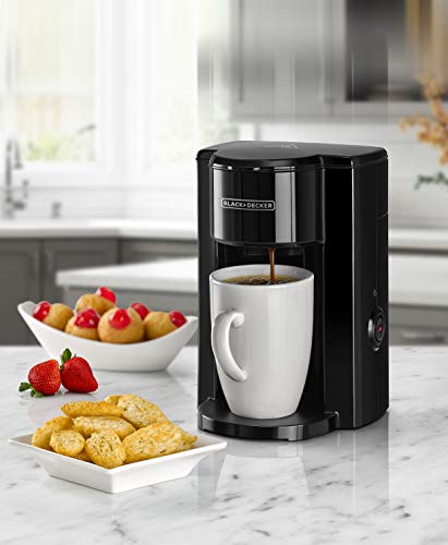 BLACK+DECKER Coffee Maker, 350W, 125ml Water Tank, Compact One-Cup Coffee Machine with Ceramic Mug, Auto Shut-Off, Durable Nylon Filter, One-Button Control, For Drip Espresso, Black - DCM25N-B5