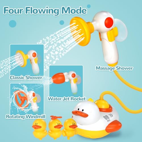 KASTWAVE Bathtub Toys for Kids, Multifunctional Toddlers Shower Sprayer, Yellow Duck Bath Toys with 3 Bath Ducks & 4 Toddlers Shower Sprayer, Water Toys Shower Head