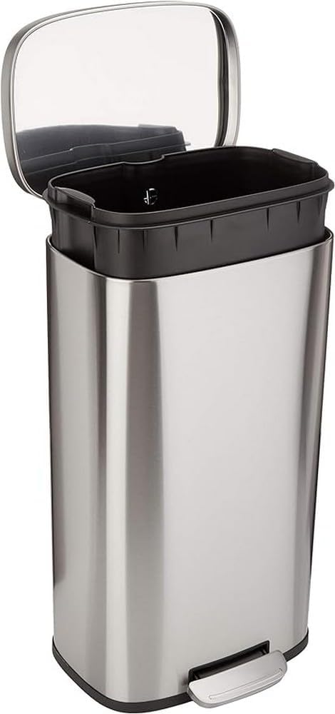 Amazon Basics Smudge Resistant Rectangular Trash Can With Soft-Close Foot Pedal, Brushed Stainless Steel, for Bathroom & small space, 5 L /1.32 Gal, Satin Nickel Finish, 7.3x8.5 x11.8 in (LxWxH) - 30L