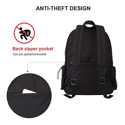 PAUBACK Black School Backpack, Cute Bookbag for School Teens Gilrs Boys, Lightweight Back Pack Rucksack for Women Men