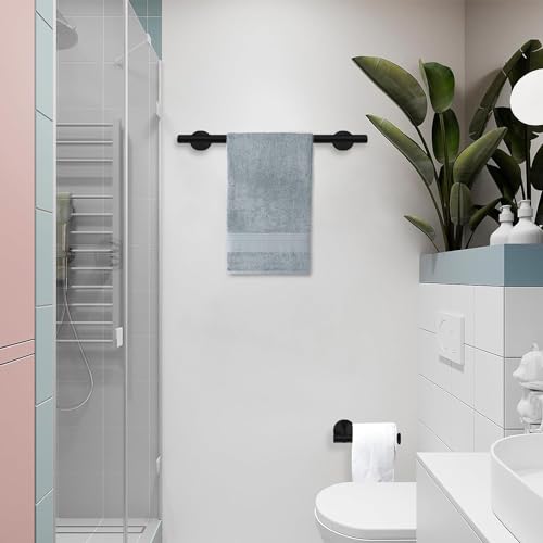 Sagreeny 7 PCS Bathroom Hardware Set, Matte Black Stainless Steel Bathroom Tower Rack Set Wall Mounted Includes 16" Towel Bar, Toilet Towel Paper Holder, Towel Ring, 4 Robe Towel Hooks