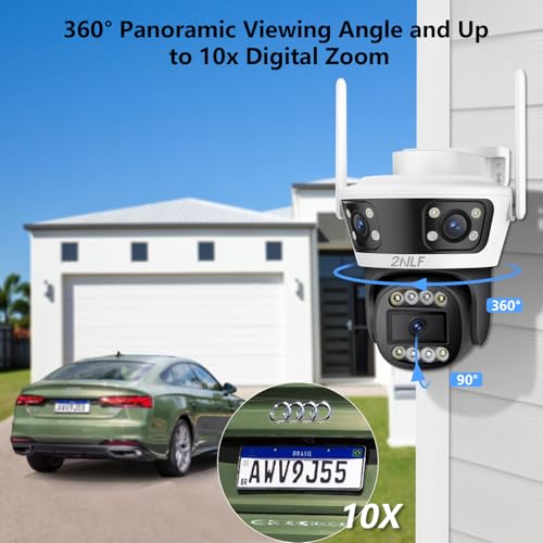 2NLF 3-Lens Outdoor Security Camera with 360° PTZ, 4MP WiFi Camera with Color Night Vision, 10X Digital Zoom, Motion Detection and Two-Way Audio, IP66 Waterproof