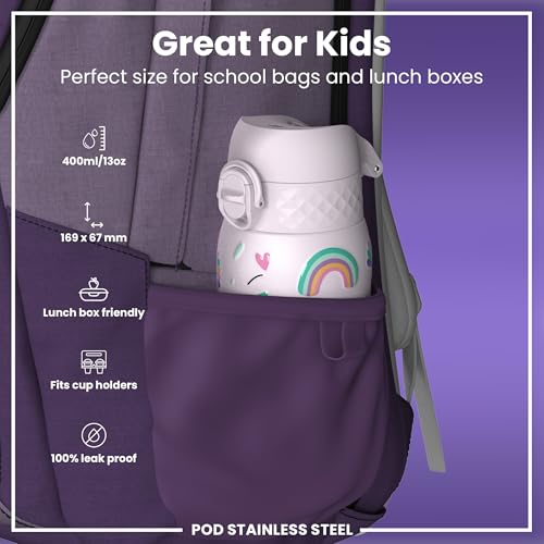 Ion8 Lightweight Steel Kids Water Bottle, 400ml/13oz, Non-Insulated, Leak Proof, Easy to Open, Secure Lock, Dishwasher Safe, Fits Cup Holders, Carry Handle, Metal Water Bottle, Pink, Unicorns