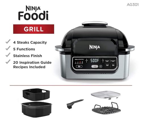 Ninja Foodi Ag 301 5 In 1 Indoor Electric Countertop Grill With 4 Quart Air Fryer, Roast, Bake, Dehydrate, And Cyclonic Grilling Technology, 1760 Watts, Silver, Nutri Ninja