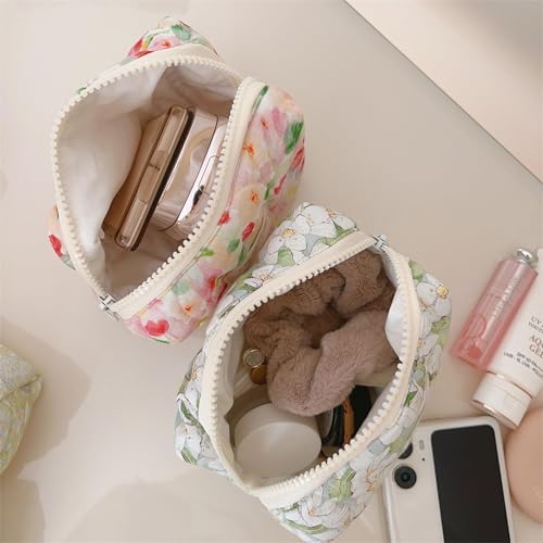 Azonee 2 Pcs Floral Makeup Bag Large Travel, Cotton Quilted Cosmetic Makeup Bag Organizer, Cute Coquette Aesthetic Zipper Portable Pouch Purse Toiletry Bag for Skincare Cosmetics (Pink Floral flowers)