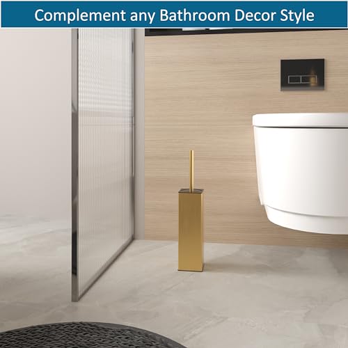 bgl Toilet Brush and Holder, Silicone Toilet Brush Holder, 2 Brush Heads, Aluminium Square Toilet Brush for Bathroom Cleaning, Toilet Brushes (Gold)