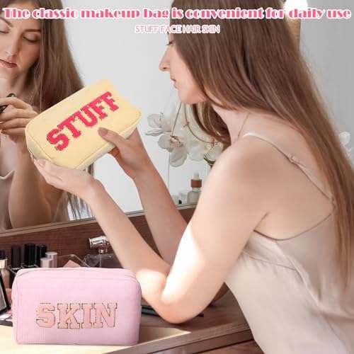 Pinkunn 4 Pcs Preppy Makeup Bags Christmas Chenille Letter Bag Face Skin Hair Stuff Cosmetic Bag Corduroy Makeup Pouch with Zipper Birthday Gifts for Women(Purple, Pink, White, Blue,Corduroy)