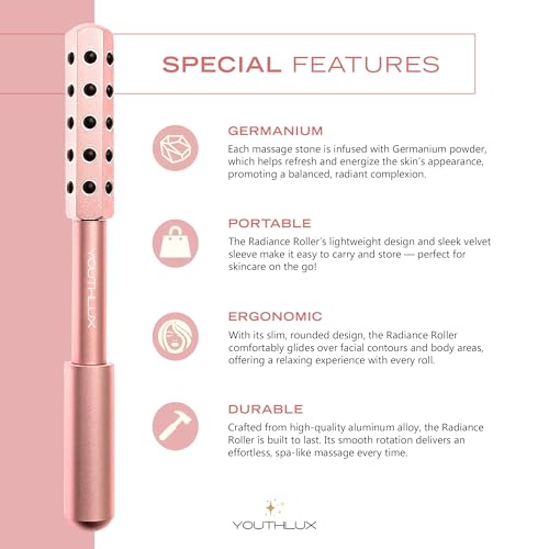 YOUTH LAB Radiance Roller - Germanium Stone Uplifting Face Massager Beauty Roller/Tool for Skin Tightening/Firming, De-Puffing, Anti-Aging and Tension Relief (Purple, Rose Gold and Black)