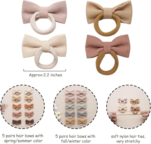 Lonimia Baby Toddler Girls Hair Ties with Linen Bows,No Damage Elastic Nylon Hair Bands Ponytail Holders,Small Hair Accessories Gifts for Girls Kids Children Thick Thin Hair-20 pcs