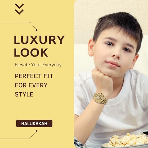 Halukakah Diamonds Watch Iced Out for Boy Teens Kids - 18K Real Gold/Platinum Plated,40mm Roman Numerals Octagonal Dial,Japanese Quartz - 20cm Length -Optional with Cuban Link Chain,with Adjuster Tool