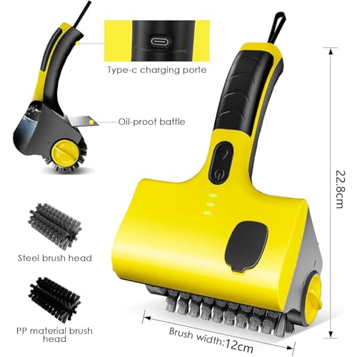 Angju Cordless Rechargeable Grill Brush, 360° Rotating Cleaner Brush, Cordless Electric Grill Cleaning Scrub Brush with Two Different Brushes for Grill, Kitchen Room, Bathroom