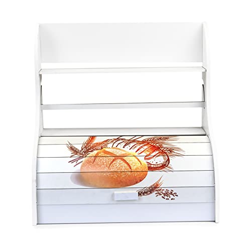 Anka white wooden bread box with towel holder | bread box container with roll-top lid | wooden kitchen storage box - bread design