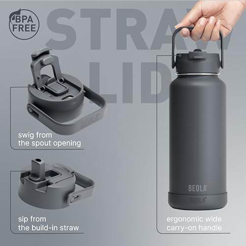 BEOLA 950ml Water Bottle 18/8 Stainless Steel 304 Double Wall Insulated Thermos Bottle with Straw Lid and wide mouth, 2 lids included, Hot Cold Liquids Sports Bottle, 32oz