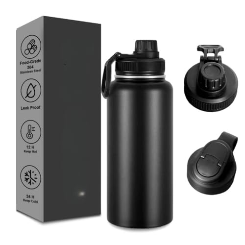 Triple Wall Vacuum Stainless Steel Water BOTTLE Insulated Stainless Steel Water Bottle 24oz with Straw-Brush-3 Lid-handle, 1L Bottle for Sports jym, Travel, office school kids water bottle (black)