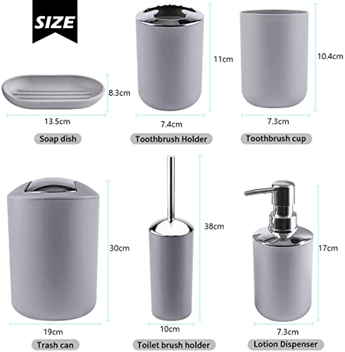 Arabest Bathroom Accessories Set, 6 Piece Plastic Bath Ensemble Bathroom Sets Accessories, Bathroom Decor Sets Accessories for Decorative Countertop and Housewarming Gift (Grey)