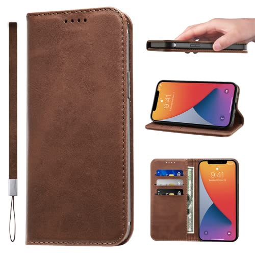 LANJLM iPhone 13 Case PU Leather Wallet Case Card Holder Shockproof Flip Cover - Brown