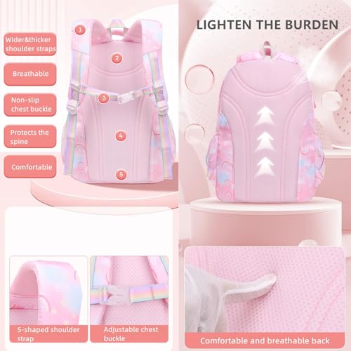 KASTWAVE Girls Backpack, Kids Backpack for Girls with Anti-theft Back Pocket, Lightweight School Backpack, Watrer Resistant, Bookbag for Elementary Primary School, Pink/L