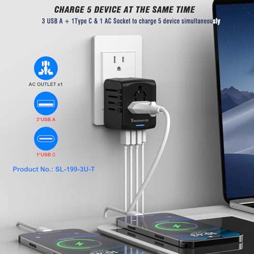 SAUNORCH Universal International Travel Power Adapter W/High Speed 2.4A USB-A, 3.0A USB-C Wall Charger, European Adapter, Worldwide AC Outlet Plugs Adapters for Europe, UK, US, AU, Asia-Black