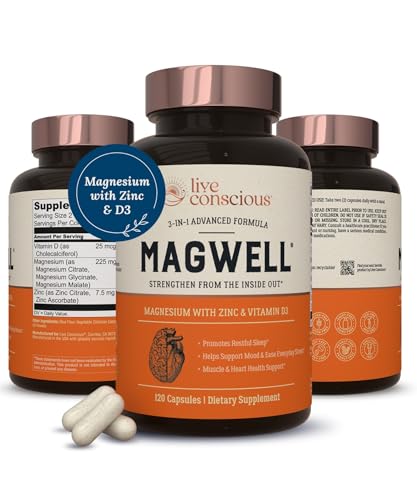 Magwell Magnesium Zinc & Vitamin D3 - Highly Bioavailable Magnesium: Glycinate, Malate, & Citrate - 3-in-1 Magnesium Supplement for Women & Men - Bone, Heart, Immune Support - 120 Capsules by LiveWell