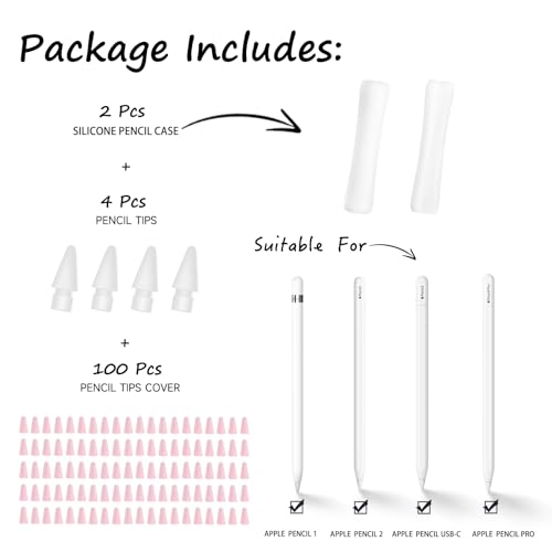 100pcs Silicone Nib Sleeves pen tips cover，4pcs Replacement Tips and 2pcs Silicone Pencil Case Compatible with Apple Pencil1/2/Pro/USB-C Suitable for iPencil Nib for iPad Pencil Accessories