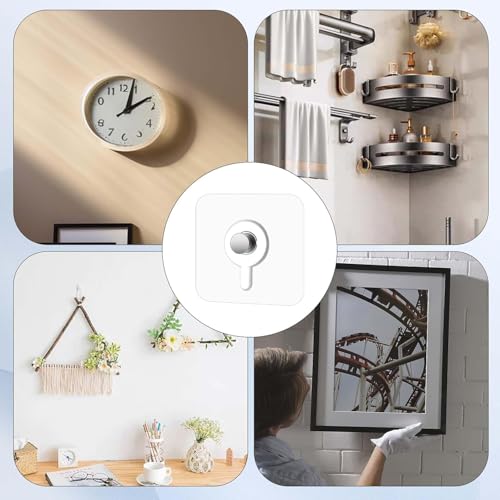SKY-TOUCH Adhesive Wall Hooks : 18Pcs Transparent Heavy Duty Self-Sticking Hangers Without Nails, Waterproof & Rustproof for Kitchen Bathroom Home Office - Reusable No Damage Hooks (6x6cm, 4kg Load)