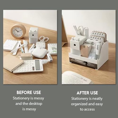 AMERTEER Mesh Desk Organizer | Office Supplies Multi-Functional Caddy Pen Holder | Stationery Organizer for Office Mesh Pen Holder, School, Home & Classroom Use | White 5 Compartments and 1 Drawer)