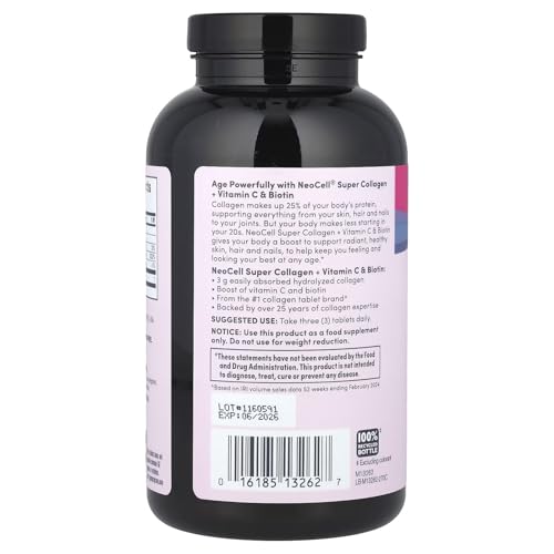 NeoCell Super Collagen Peptides + Vitamin C & Biotin, 3g Collagen Per Serving, Gluten Free, Promotes Healthy Hair, Beautiful Skin, and Nail Support, Dietary Supplement, 270 Tablets